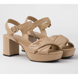 Prada 65mm Nude Beige Quilted Leather Platform Sandal Ankle Strap Block Heel 41